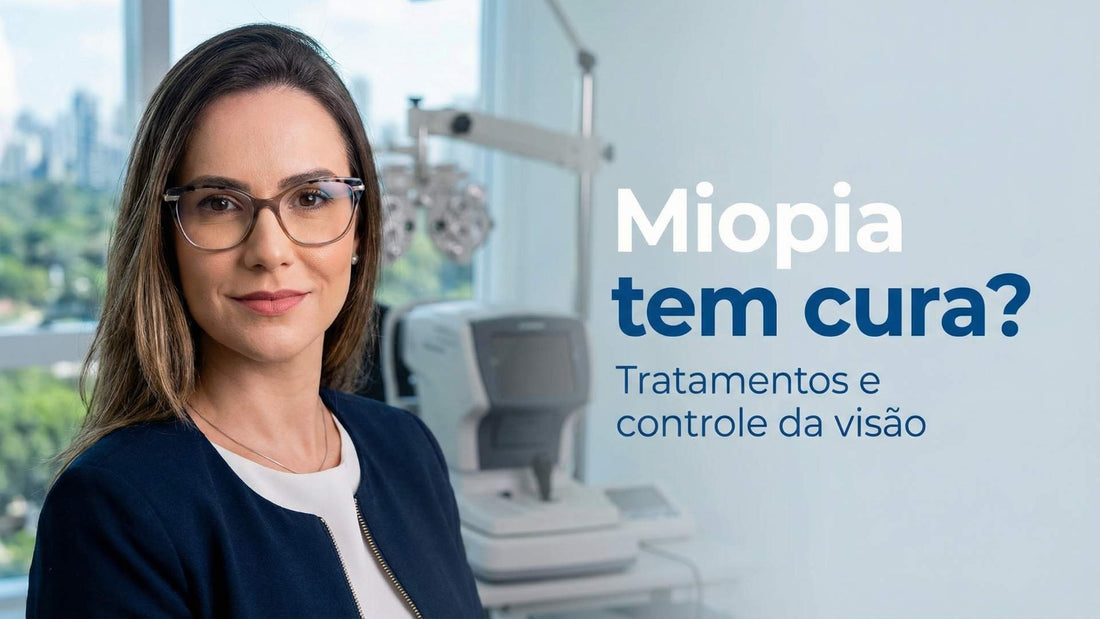 Paciente usando óculos em ambiente oftalmológico, representando correção da miopia e tratamentos visuais.