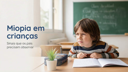 Criança com dificuldade para enxergar a lousa na escola, representando miopia infantil.