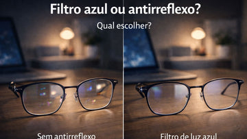 Comparação entre lente com reflexo comum e lente com tratamento de luz azul em ambiente com computador.