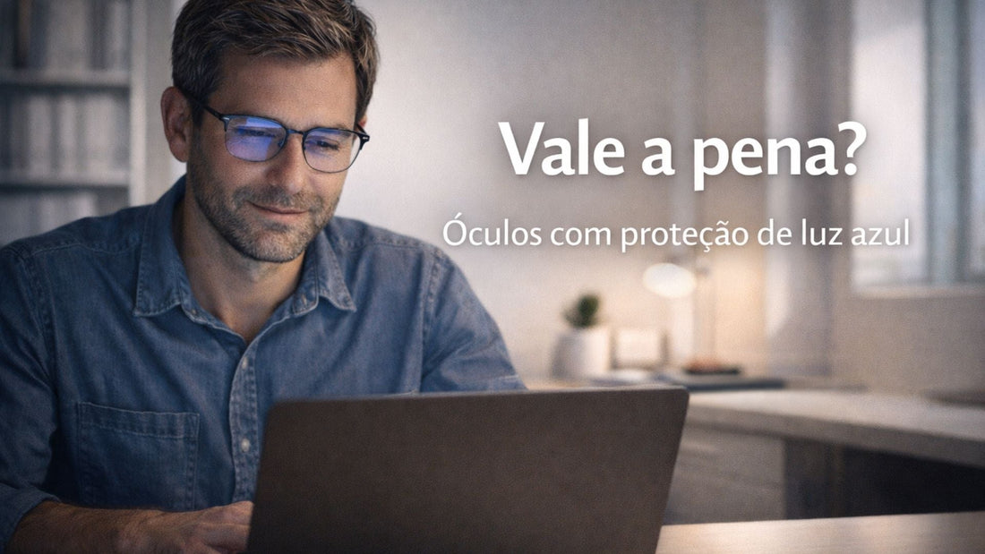 Pessoa trabalhando no computador usando óculos com proteção de luz azul em ambiente moderno.