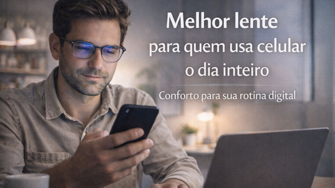 Pessoa usando celular com óculos de proteção de luz azul em ambiente moderno.