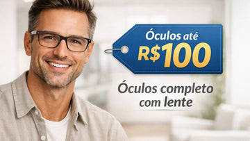 Pessoa sorrindo usando óculos de grau moderno com destaque para preço até R$100 reais.
