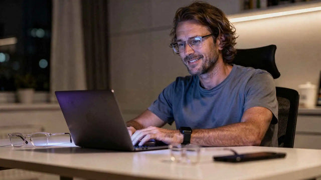 Homem usando óculos com filtro de luz azul enquanto trabalha em um notebook durante a noite em ambiente interno.