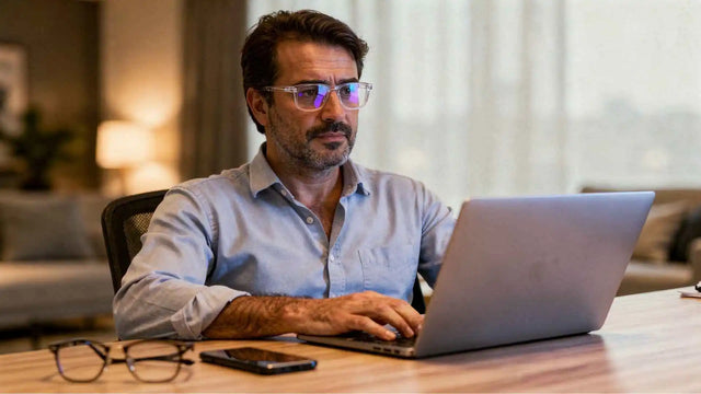 homem branco trabalhando em frente ao computador usando óculos transparente com lente de proteção de luz azul