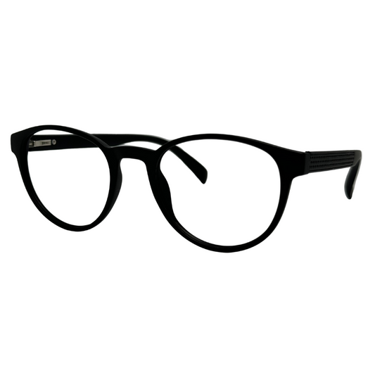 Óculos redondo preto com armação leve e resistente. Imagem destacando o design moderno e as lentes transparentes, compatíveis com diferentes graus e tratamentos.