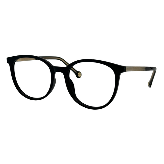 Óculos redondo preto com armação em acetato leve e resistente. Imagem destacando o design moderno e as lentes transparentes, compatíveis com diferentes graus e tratamentos.
