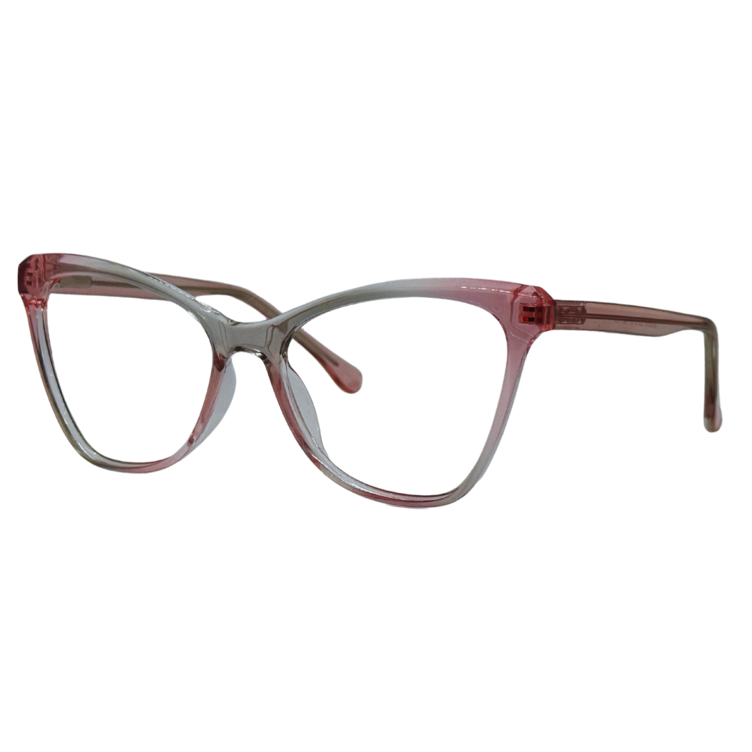Óculos gatinho rosa transparente com armação em acetato leve e resistente. Imagem destacando o design moderno e as lentes transparentes, compatíveis com diferentes graus e tratamentos.