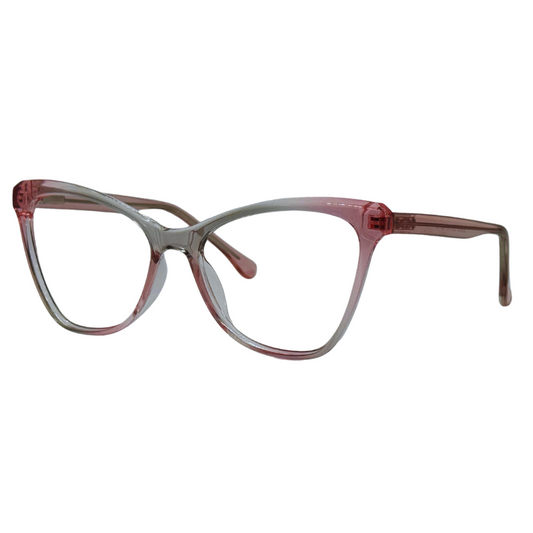Óculos gatinho rosa transparente com armação em acetato leve e resistente. Imagem destacando o design moderno e as lentes transparentes, compatíveis com diferentes graus e tratamentos.