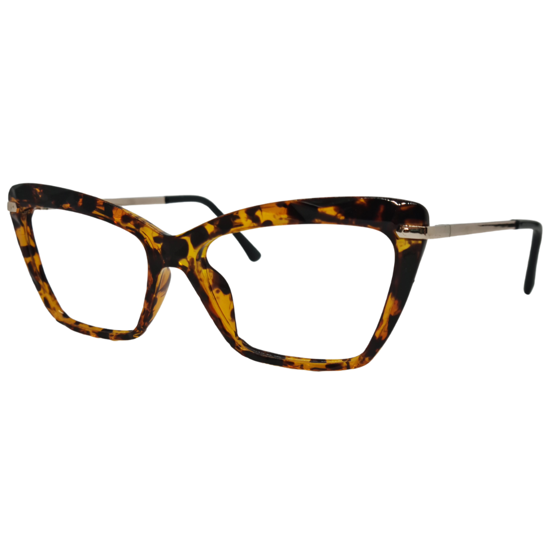 Óculos gatinho âmbar tartaruga feminino com armação em acetato leve e resistente. Imagem destacando o design elegante e as lentes transparentes, compatíveis com diferentes graus e tratamentos.