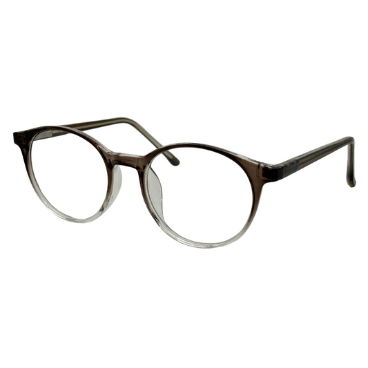 Óculos redondo marrom degradê com armação leve e resistente. Imagem destacando o design moderno e as lentes transparentes, compatíveis com diferentes graus e tratamentos.