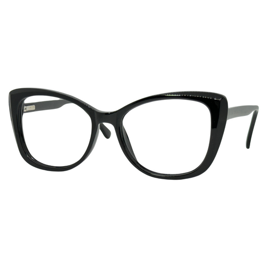 Óculos gatinho preto com armação leve e resistente. Imagem destacando o design moderno e as lentes transparentes, compatíveis com diferentes graus e tratamentos.