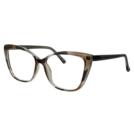 Óculos gatinho marrom rajado com armação leve e resistente. Imagem destacando o design moderno e as lentes transparentes, compatíveis com diferentes graus e tratamentos.