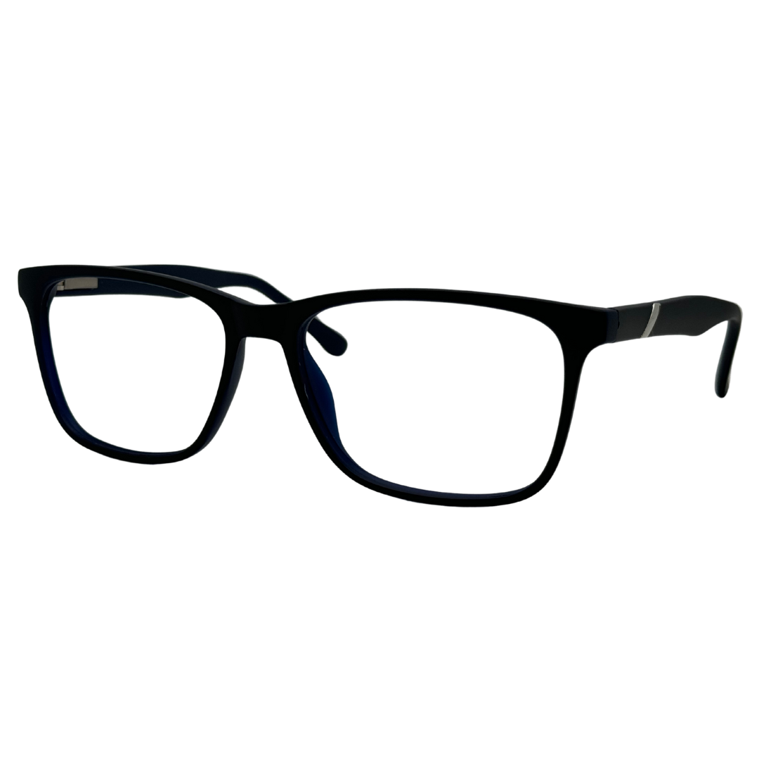 Óculos quadrado preto com armação leve e resistente. Imagem destacando o design moderno e as lentes transparentes, compatíveis com diferentes graus e tratamentos.