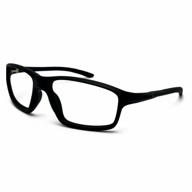 Óculos quadrado curvo preto em acetato masculino com armação robusta e design moderno. Modelo compatível com lentes de grau, multifocais e filtro de luz azul, ideal para uso diário.