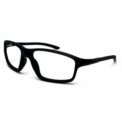 Óculos quadrado curvo preto em acetato masculino com armação robusta e design moderno. Modelo compatível com lentes de grau, multifocais e filtro de luz azul, ideal para uso diário.