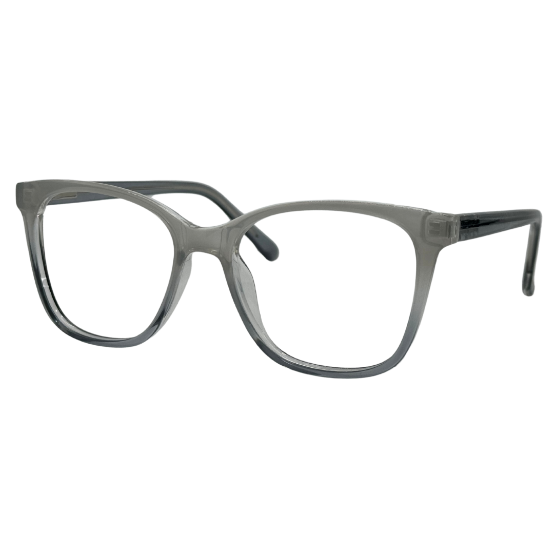 Óculos quadrado cinza com armação leve e resistente. Imagem destacando o design moderno e as lentes transparentes, compatíveis com diferentes graus e tratamentos.