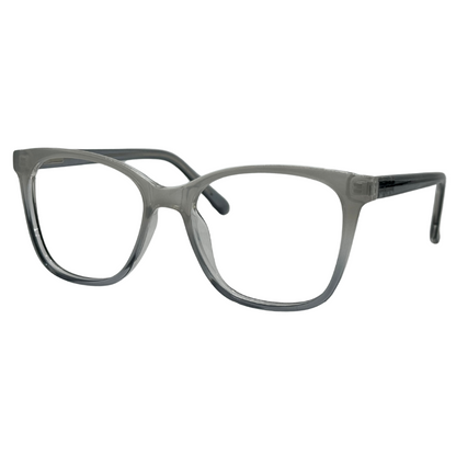 Óculos quadrado cinza com armação leve e resistente. Imagem destacando o design moderno e as lentes transparentes, compatíveis com diferentes graus e tratamentos.