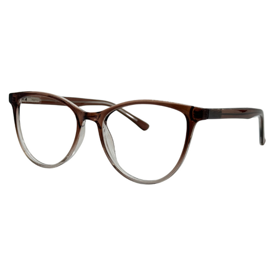 Óculos gatinho marrom degradê com armação leve em acetato. Imagem destacando o design moderno e as lentes transparentes, compatíveis com diferentes graus e tratamentos.