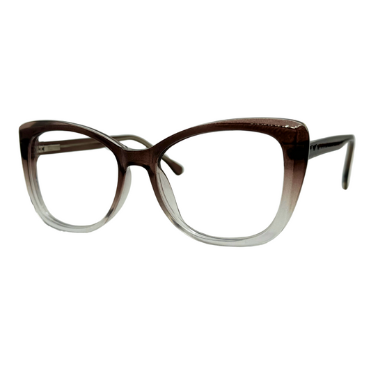 Óculos gatinho marrom degradê com armação leve e resistente. Imagem destacando o design moderno e as lentes transparentes, compatíveis com diferentes graus e tratamentos.