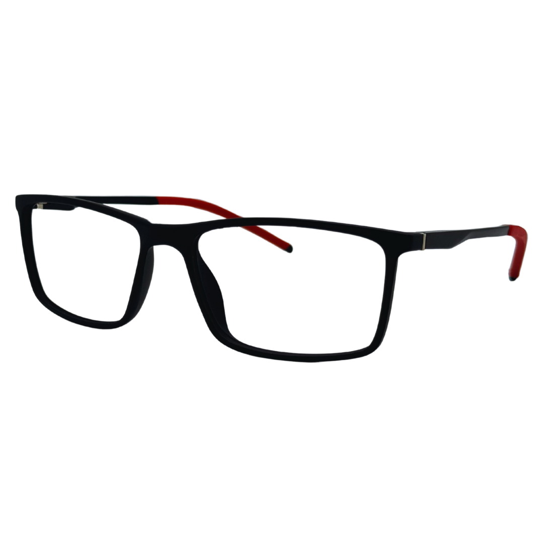 Óculos quadrado preto com armação em acetato leve e resistente. Imagem destacando o design moderno e as lentes transparentes, compatíveis com diferentes graus e tratamentos.