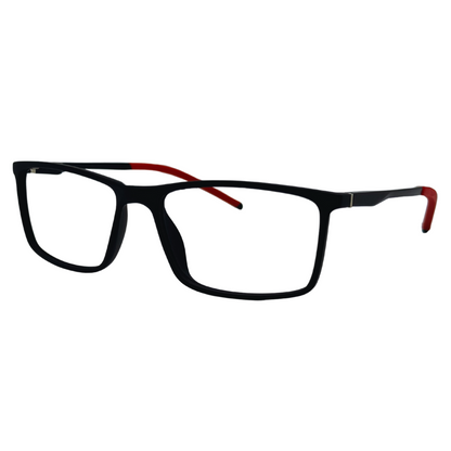 Óculos quadrado preto com armação em acetato leve e resistente. Imagem destacando o design moderno e as lentes transparentes, compatíveis com diferentes graus e tratamentos.