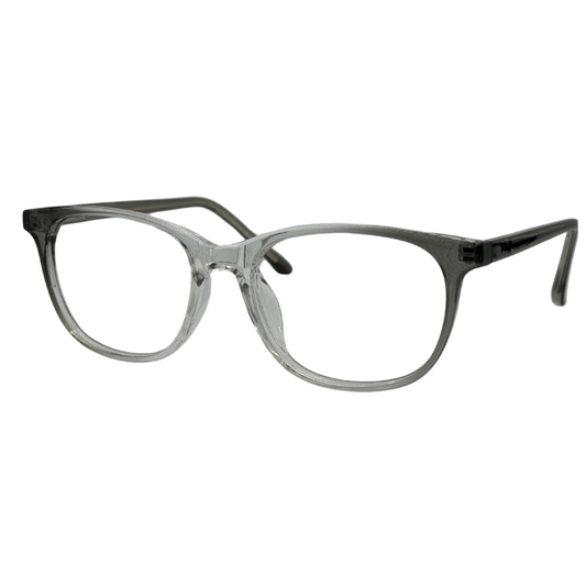 Óculos quadrado cinza transparente com armação em acetato leve e resistente. Imagem destacando o design moderno e as lentes transparentes, compatíveis com diferentes graus e tratamentos.