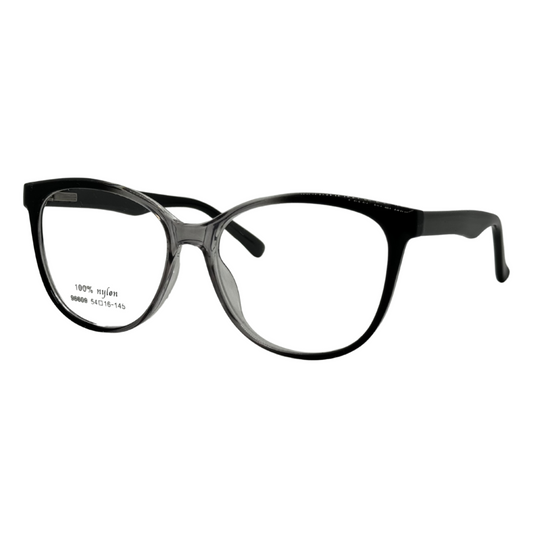 Óculos gatinho preto degradê com armação leve e resistente. Imagem destacando o design moderno e as lentes transparentes, compatíveis com diferentes graus e tratamentos.
