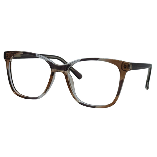 Óculos quadrado nude rajado com armação em acetato leve e resistente. Imagem destacando o design moderno e as lentes transparentes, compatíveis com diferentes graus e tratamentos.