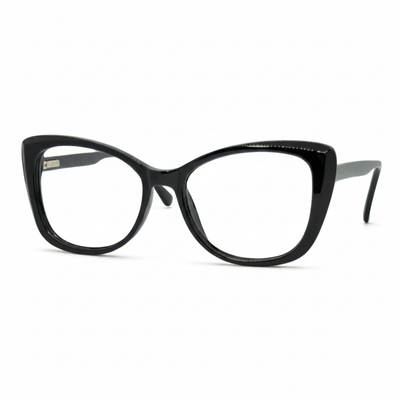 Óculos gatinho preto com armação leve e resistente. Imagem destacando o design moderno e as lentes transparentes, compatíveis com diferentes graus e tratamentos.