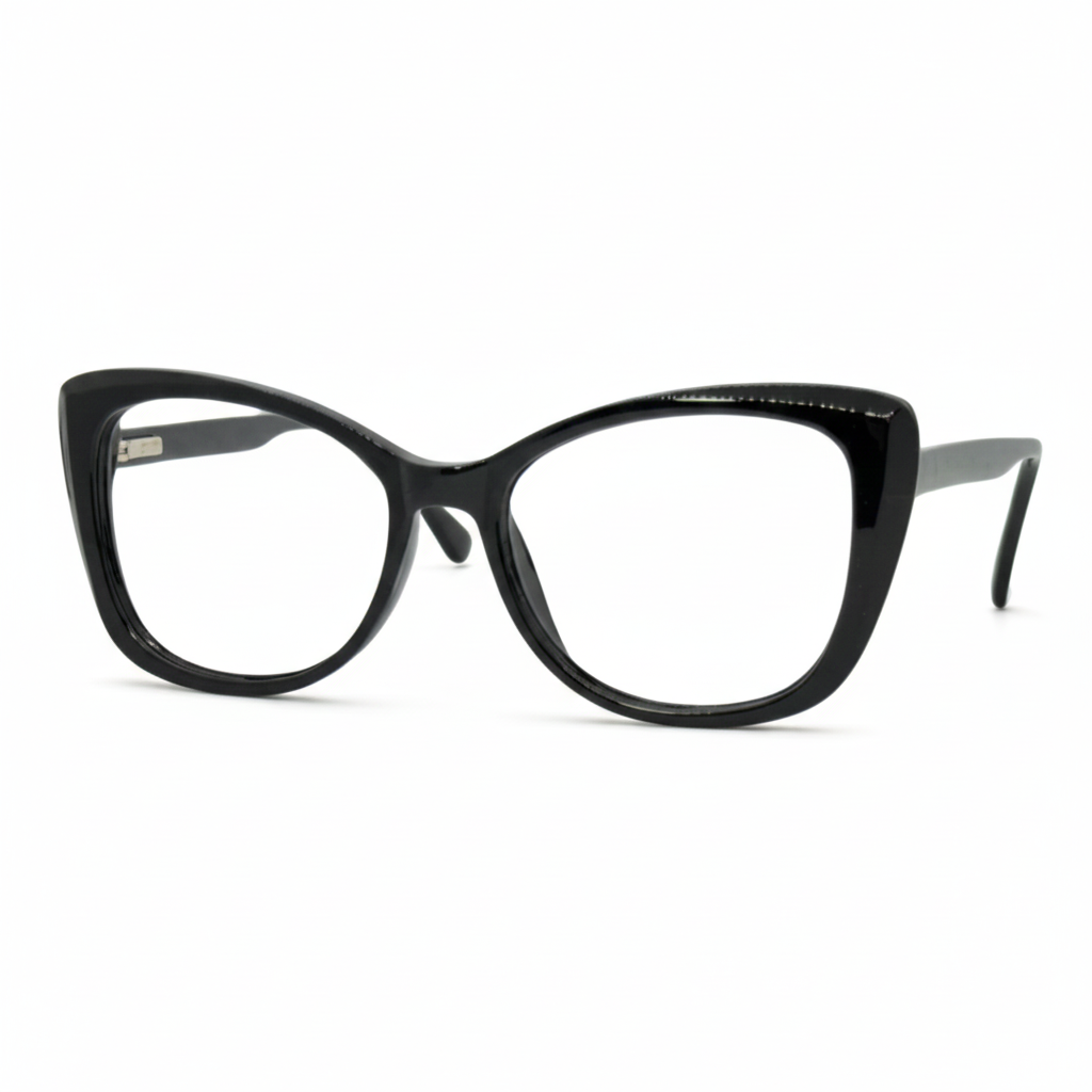 Óculos gatinho preto com armação leve e resistente. Imagem destacando o design moderno e as lentes transparentes, compatíveis com diferentes graus e tratamentos.