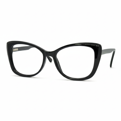 Óculos gatinho preto com armação leve e resistente. Imagem destacando o design moderno e as lentes transparentes, compatíveis com diferentes graus e tratamentos.