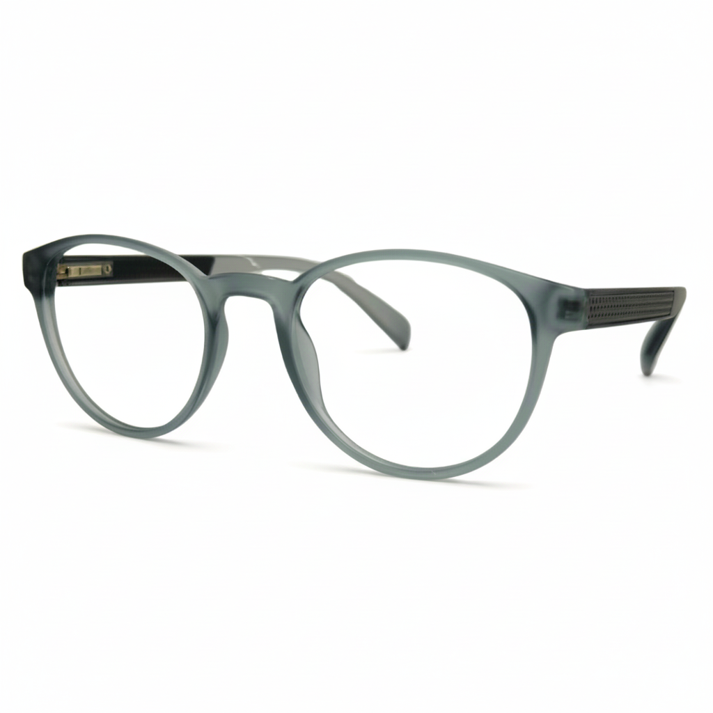 Óculos redondo cinza com armação leve e resistente. Imagem destacando o design moderno e as lentes transparentes, compatíveis com diferentes graus e tratamentos.