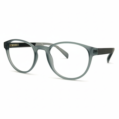 Óculos redondo cinza com armação leve e resistente. Imagem destacando o design moderno e as lentes transparentes, compatíveis com diferentes graus e tratamentos.