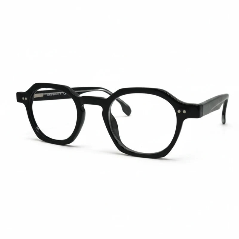 Armação de óculos redonda preta em acetato vista em perspectiva, compatível com lentes para miopia, hipermetropia, astigmatismo e multifocal.
