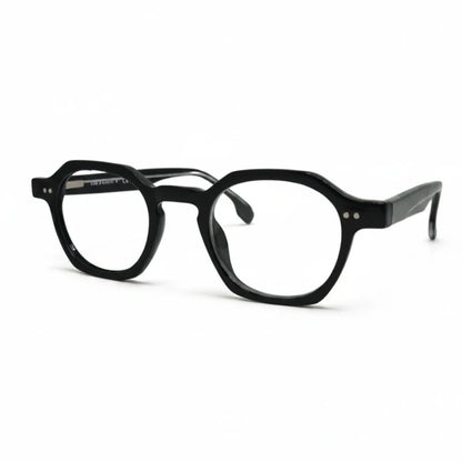 Armação de óculos redonda preta em acetato vista em perspectiva, compatível com lentes para miopia, hipermetropia, astigmatismo e multifocal.