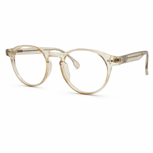 Óculos redondo champagne unissex em acetato leve e resistente. Imagem destacando o design moderno e lentes transparentes compatíveis com miopia e hipermetropia para longe ou perto.