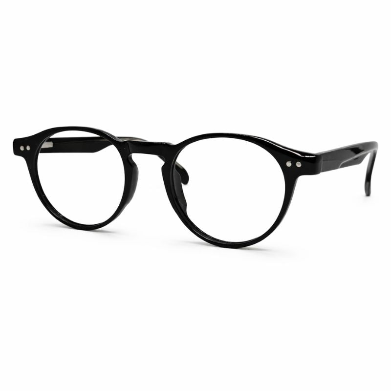 Óculos redondo preto unissex em acetato resistente. Imagem destacando o design moderno e lentes transparentes compatíveis com miopia e hipermetropia para longe ou perto.