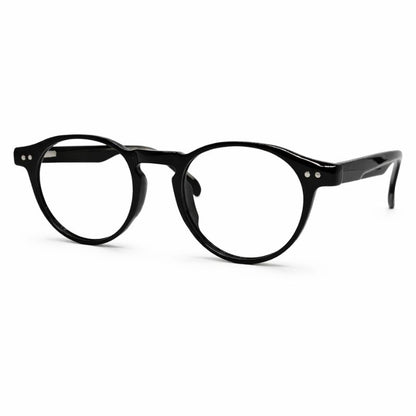 Óculos redondo preto unissex em acetato resistente. Imagem destacando o design moderno e lentes transparentes compatíveis com miopia e hipermetropia para longe ou perto.