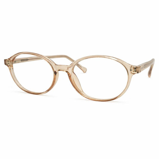 Óculos oval feminino champagne em acetato elegante e resistente. Imagem destacando o design moderno e lentes transparentes compatíveis com miopia e hipermetropia para longe ou perto.