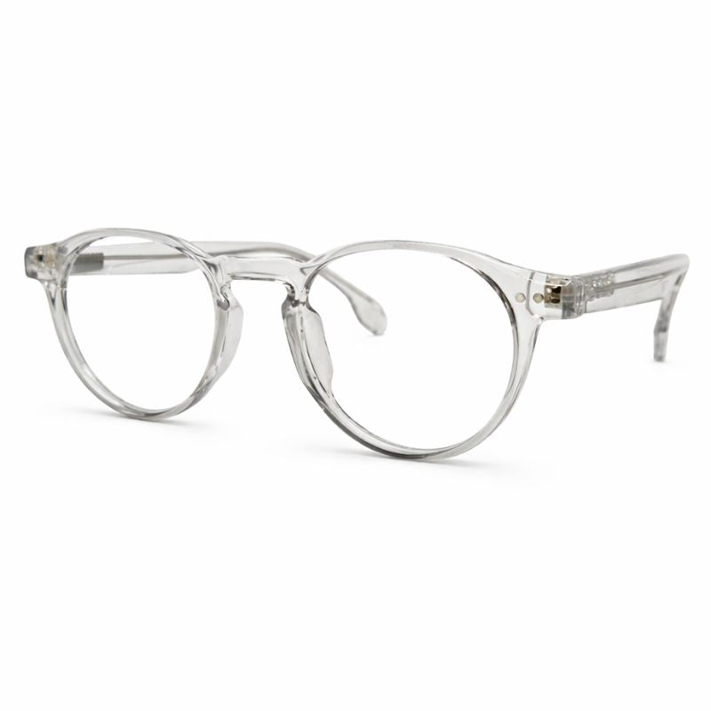 Óculos redondo cinza transparente unissex em acetato leve e resistente. Imagem destacando o design moderno e lentes transparentes compatíveis com miopia e hipermetropia para longe ou perto.