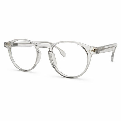 Óculos redondo cinza transparente unissex em acetato leve e resistente. Imagem destacando o design moderno e lentes transparentes compatíveis com miopia e hipermetropia para longe ou perto.