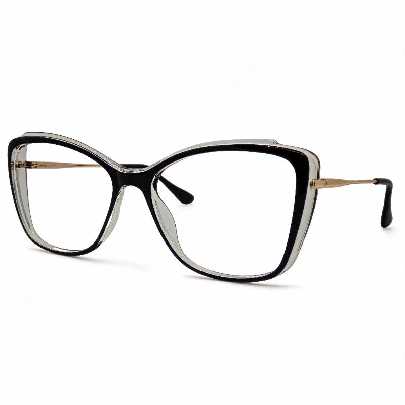 Óculos gatinho preto feminino com armação em acetato leve e resistente. Imagem destacando o design moderno e as lentes transparentes, compatíveis com diferentes graus e tratamentos.