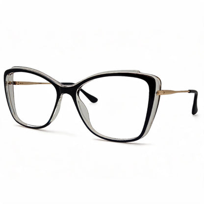 Óculos gatinho preto feminino com armação em acetato leve e resistente. Imagem destacando o design moderno e as lentes transparentes, compatíveis com diferentes graus e tratamentos.