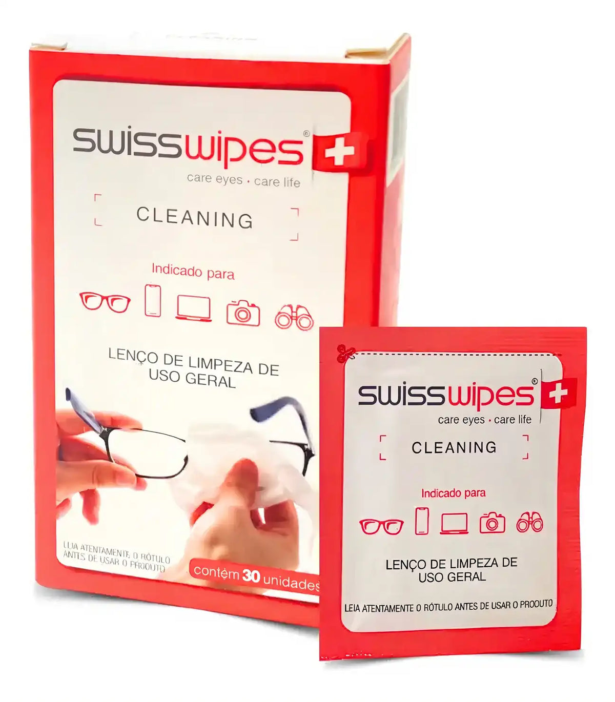 Caixa de lenços de limpeza para óculos SwissWipes com 30 unidades e um sachê individual ao lado