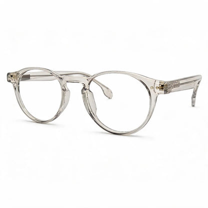 Armação de óculos redonda cristal fumê translúcida em acetato vista em perspectiva, compatível com lentes para miopia, hipermetropia, astigmatismo e multifocal.