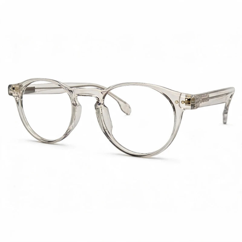 Armação de óculos redonda cristal fumê translúcida em acetato vista em perspectiva, compatível com lentes para miopia, hipermetropia, astigmatismo e multifocal.