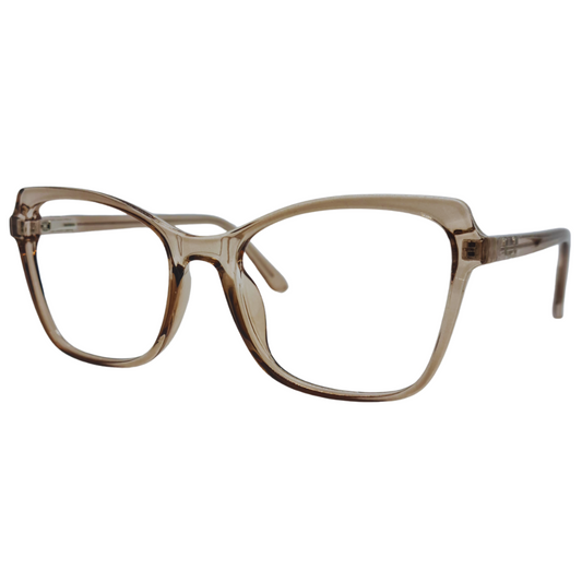 Óculos gatinho marrom transparente feminino com armação em acetato leve e resistente. Imagem destacando o design elegante e as lentes transparentes, compatíveis com diferentes graus e tratamentos.