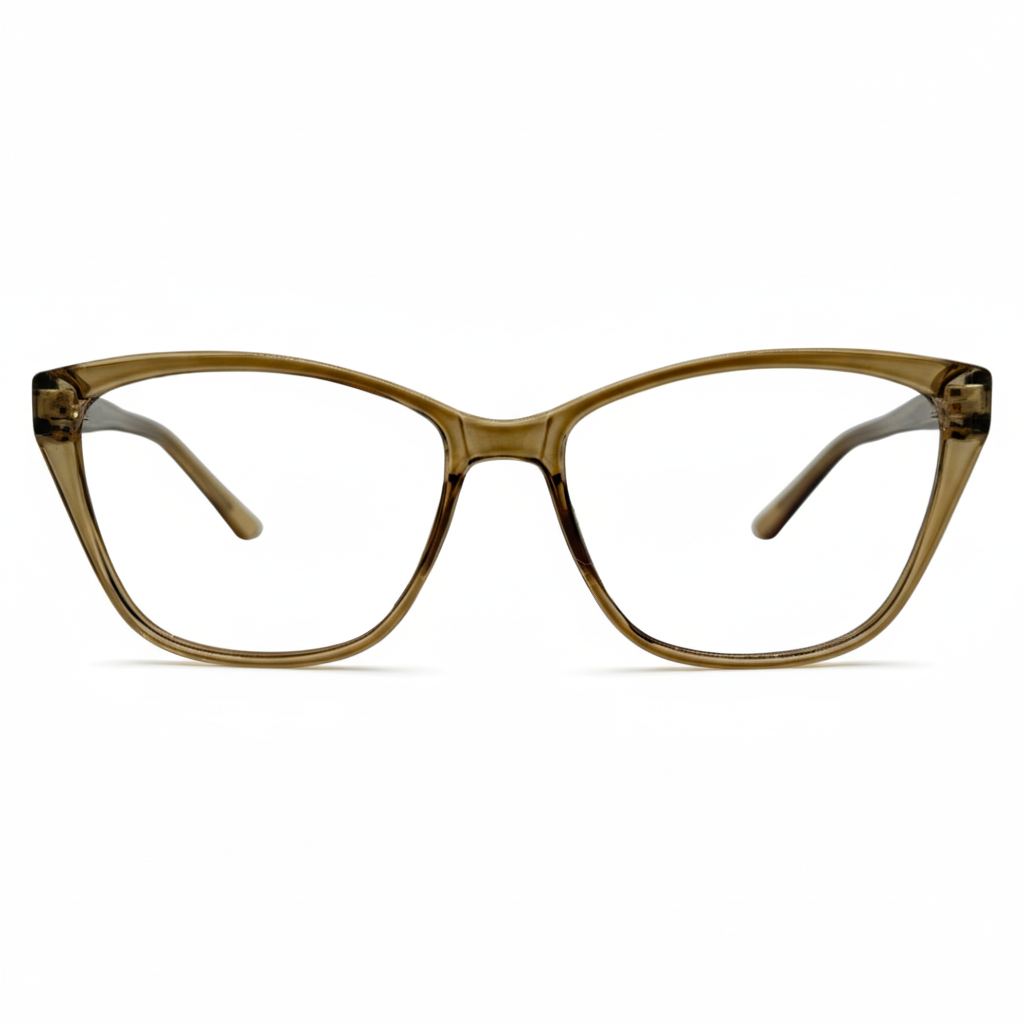 Óculos gatinho âmbar feminino com armação em acetato leve e resistente. Imagem destacando o design moderno e as lentes transparentes, compatíveis com diferentes graus e tratamentos.