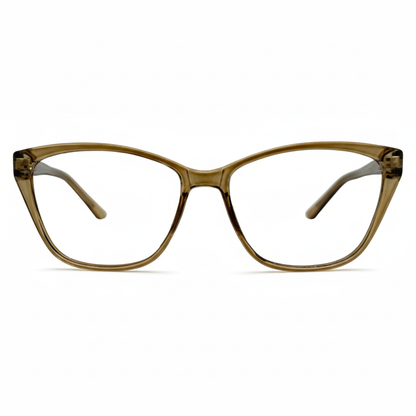 Óculos gatinho âmbar feminino com armação em acetato leve e resistente. Imagem destacando o design moderno e as lentes transparentes, compatíveis com diferentes graus e tratamentos.