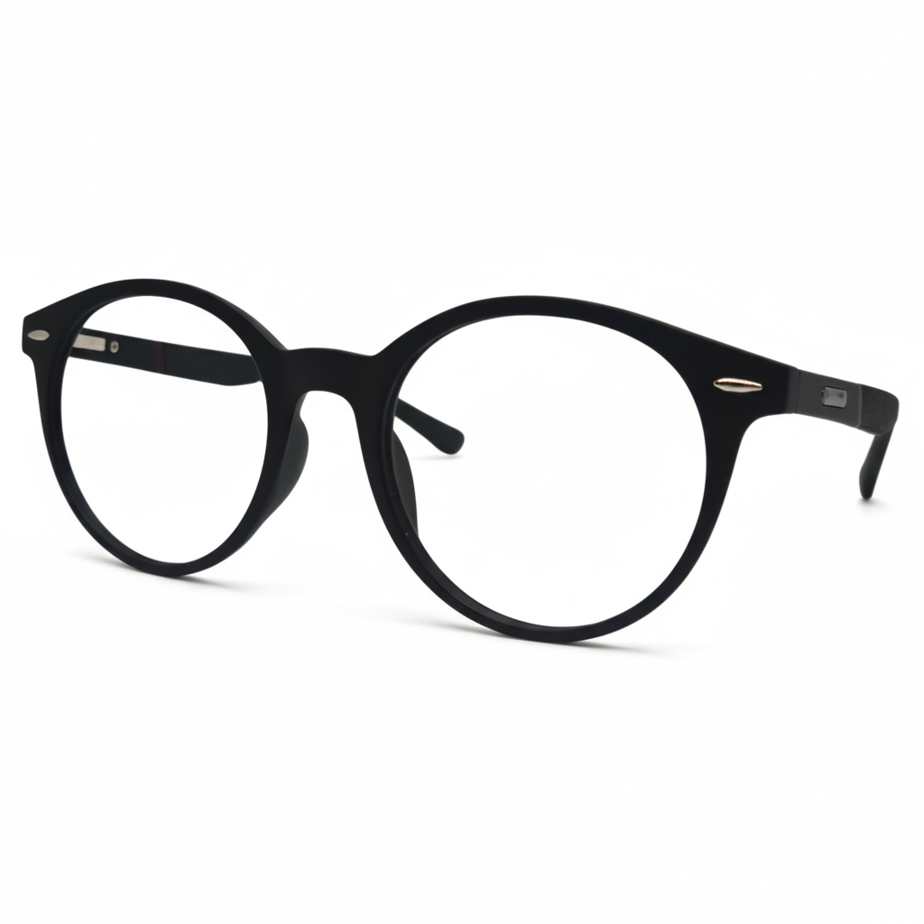 Óculos masculino redondo preto em acetato leve e resistente. Imagem destacando o design clássico e moderno com lentes transparentes compatíveis com diferentes graus.